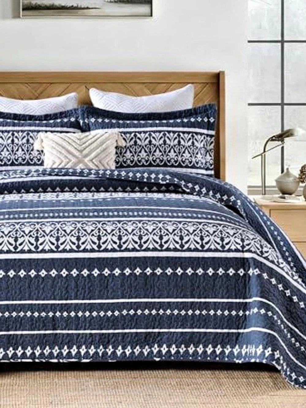 Boho Floral Striped King Quilt Bedding Set, Navy Blue, 106"x98"
100% Cotton